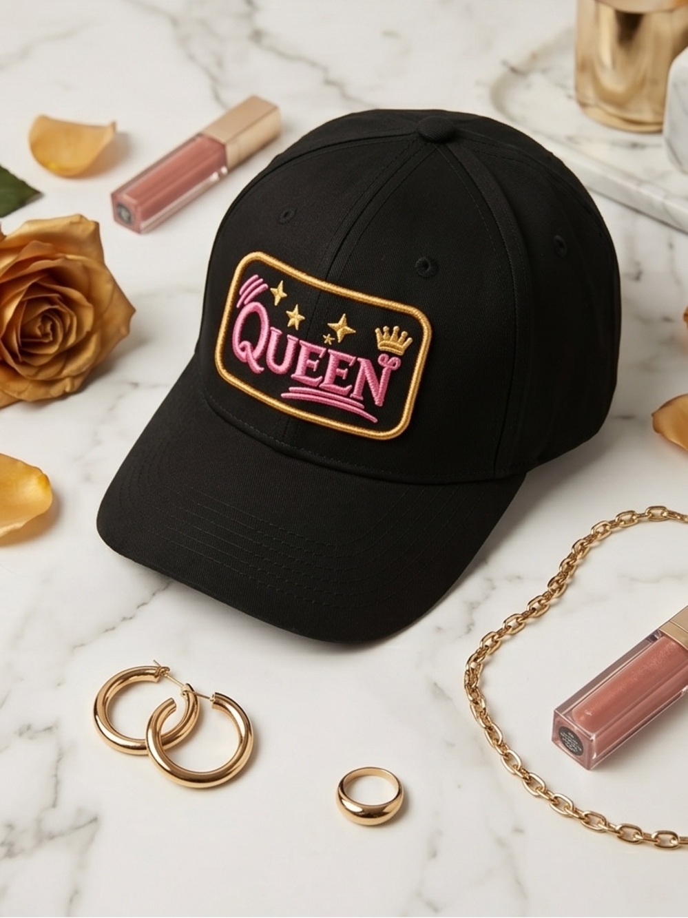 Black 'QUEEN' Embroidered Cap with Pink & Gold Accent